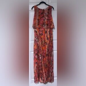 Calvin Klein Sleeveless Pleated Maxi Dress in Orange/Pink Snakeskin Pattern